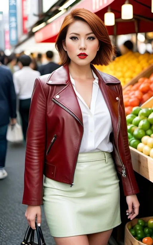 Prompt: 8k photo of a beautiful sophisticated Japanese woman, short auburn hair, green-eyed, upturned nose, natural makeup, buxom curvy, red leather jacket, white blouse, brown miniskirt, Prada boots, standing in a busy & crowded outdoor Tokyo market, detailed features, realistic, highres, sophisticated, elegant, natural lighting, vibrant colors, modern fashion, trendy, editorial fashion photography, magazine cover style