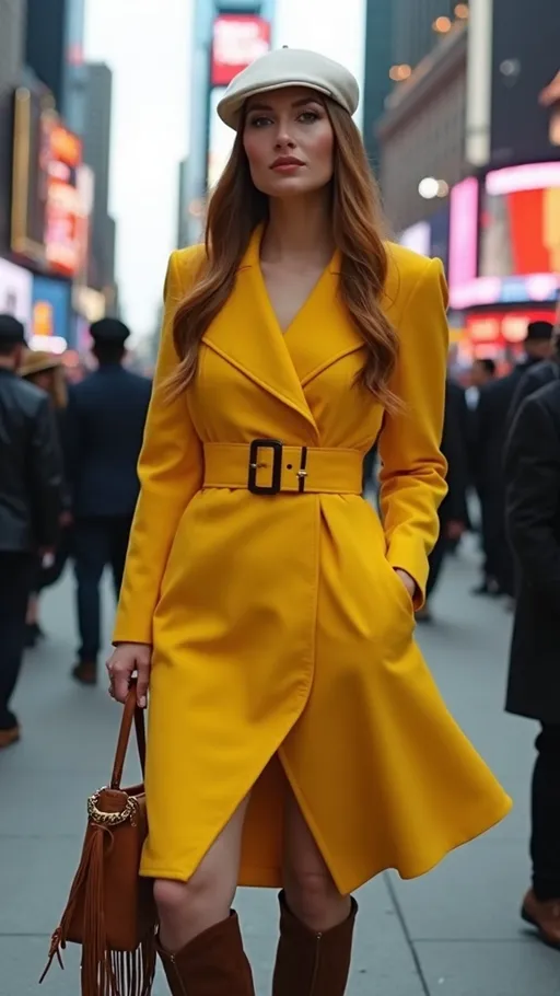 Prompt: A tall beautiful chestnut haired fashion model, wearing a bright yellow asymmetric cut belted wool coat dress off one shoulder, paired with brown leather Prada boots and a fringed suede purse, chic white beret canted to one side. She stands confidently amidst the bustling crowds of Times Square, New York, captured in a dynamic pro fashion photo shoot. Exquisite details abound in this vibrant 8K resolution image, showcasing dramatic pro lighting that emphasizes the model's elegance against the iconic urban backdrop, featuring her firm & fit plus-size physique with a narrow defined waist. High-quality and ultra-detailed composition.