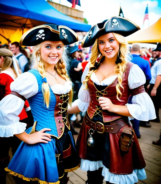 Prompt: 8k photo of two happy, blue-eyed blonde beautiful teenage girls, in pirate wench costumes, leather boots, tricorn hats, amidst a crowded cosplay gathering, lively atmosphere, detailed expressions, vibrant colors, high resolution, realistic, cosplay, busy environment, detailed costumes, joyful expressions, bustling crowd, professional photography, dynamic lighting, natural outdoor lighting