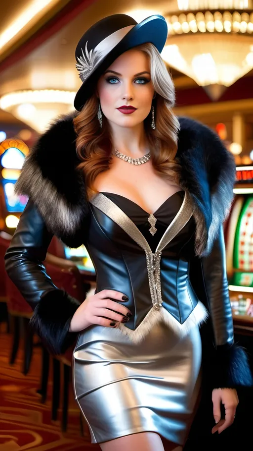 Prompt: Beautiful young woman, long auburn hair, intricate diamond-shape face, upturned nose, blue eyes, silver jewelry, black bolero jacket with silver and fur trim, black leather bustier & pencil skirt with silver trim, long shapely legs, black boots, black milliner's hat with silver details, Art Deco casino, ((plump, buxom:2.0 full-figure)), 8k photo, stylish, elegant, detailed facial features, art deco, luxurious setting, professional lighting, high quality, detailed clothing, glamorous atmosphere, bosomy physique