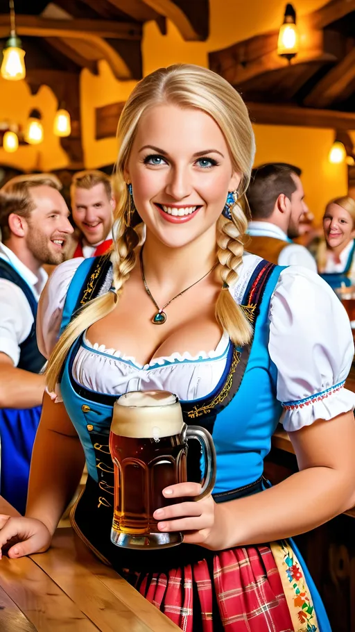 Prompt: Bavarian beer hall scene with tall buxom curvy German waitress, intricate square face, blue eyes, long blonde side tail hair, colorful dirndl uniform, black shoes, serving beer to a table full of casually dressed customers, happy joyous, 8k photo, traditional, detailed, vibrant colors, joyful expression, realistic, high quality, detailed hair, attractive design, professional lighting, traditional attire