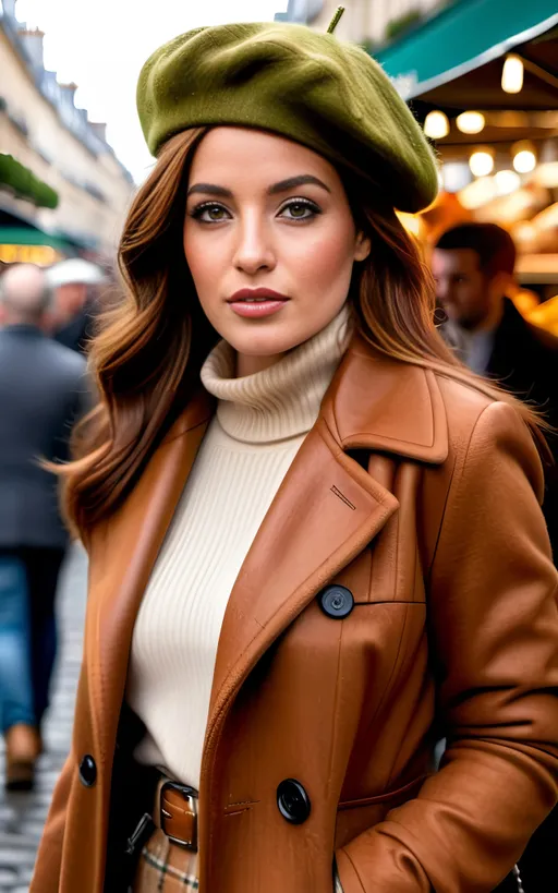 Prompt: 8k photo of a beautiful sophisticated French woman, olive skin, long auburn hair, green-eyed, upturned nose, natural makeup, buxom bosomy, beige plaid tweed jacket rust turtleneck sweater & beret, khaki leather skirt, Prada boots, standing in a busy & crowded outdoor Paris market, detailed features, realistic, highres, sophisticated, elegant, natural lighting, vibrant colors, realistic curvy physique, modern fashion, trendy, editorial fashion photography, magazine cover style