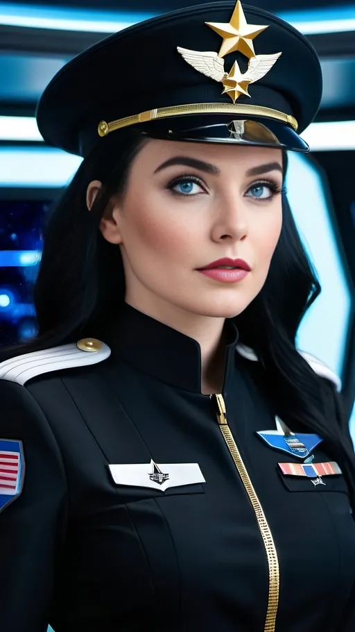 Prompt: Beautiful Space Force officer in shiny black jumpsuit, black beret, black boots, military insignia and rank badges, gold trim on uniform, pale skin, vibrant blue eyes, flowing black hair, standing on the command deck of a starship, high-res, cinematic photo, futuristic, science fiction.