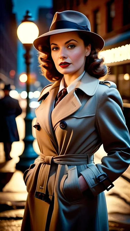 Prompt: 8K Photo of a 1940s Female Detective, chestnut hair, delicate facial features, curvaceous figure, standing under a New York streetlamp, fedora, trench-coat, film noir, dark colors, cool tones, detailed hair, realistic, ultra-detailed, atmospheric lighting, best quality, high-res, professional