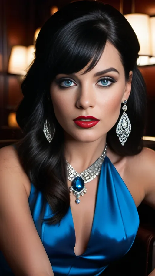 Prompt: Beautiful mysterious woman, long & thick black hair with long bangs that cover one eye, vibrant blue eyes, intricate facial features, curvaceous physique, prominent cheekbones, full lips, bright red lipstick, wearing an elegant cerulean cocktail dress, adorned with silver jewelry, sitting in a luxurious cocktail lounge with dark wood paneling and leather, 8K resolution, realistic, elegant, detailed, vibrant blue eyes, silver jewelry, luxurious, sophisticated, darkened room, moody lighting, key light on subjects face