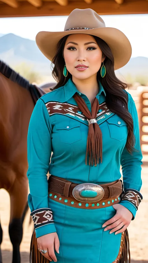 Prompt: Elegant beautiful curvy Japanese woman in southwestern attire, detailed face, turquoise jewelry, horse corral, high-res photo, detailed clothing, warm tones, professional lighting, American southwestern setting, intricate diamond face, fringe details, Stetson hat, suede boots, suede pencil skirt, checked shirt, turquoise belt buckle, horse corral scene, professional photography, natural daylight