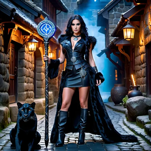 Prompt: Pale-skinned sorceress with black hair holding a glowing runic staff, standing in a cobblestone alley with her pet black leopard, wearing (all black ensemble, leather duster, runic vest, miniskirt, gogo boots), black makeup, intricate face, 8K photo, high detail, sorcery, fantasy, mystical, intense gaze, magical alley, glowing runic staff, detailed fur, ancient runes, mysterious atmosphere, enchanting, professional, atmospheric lighting, dark tones