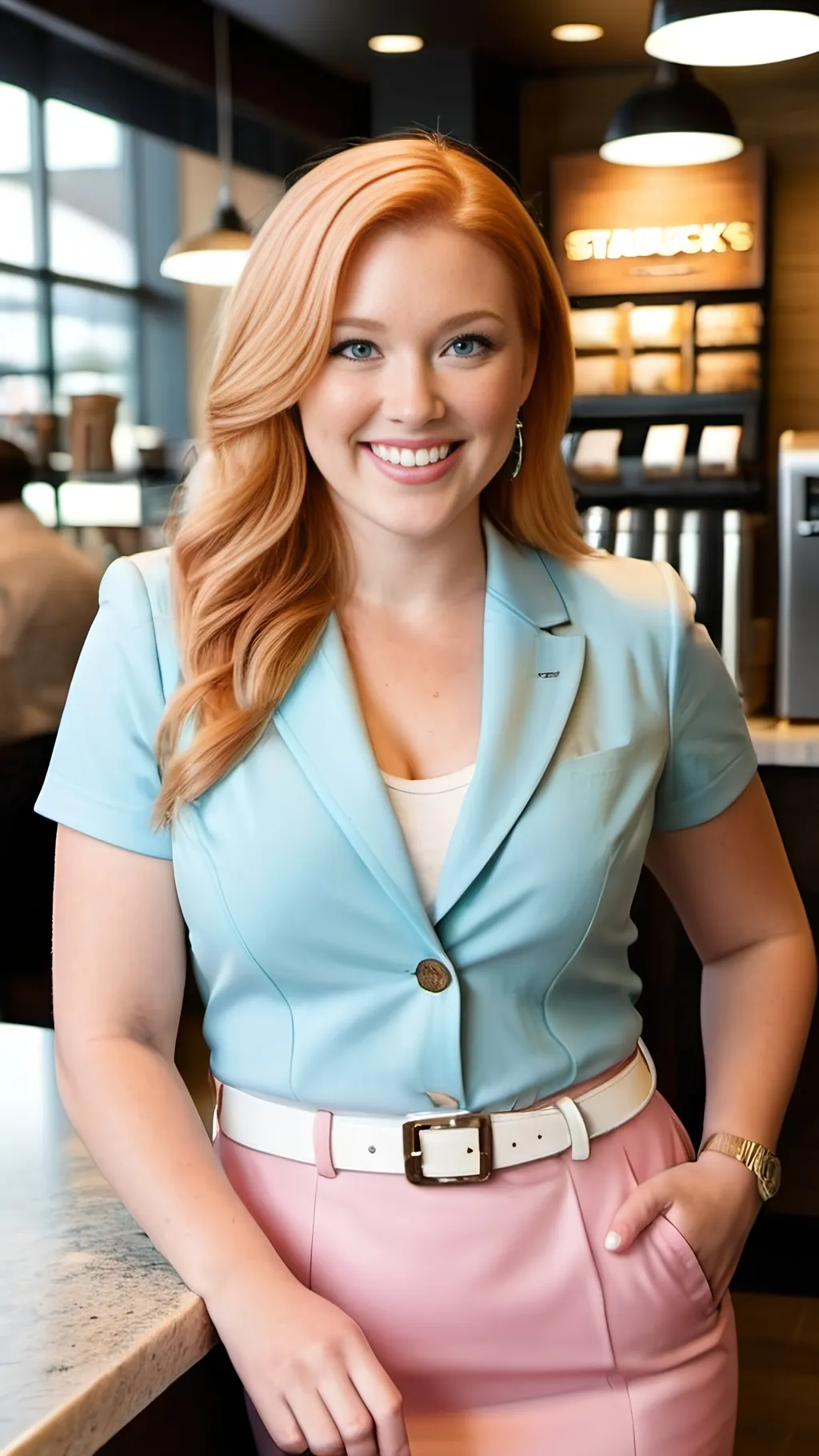 Prompt: Beautiful woman with chubby round face, dimples, blue eyes, long strawberry blonde hair, pink blazer, light blue blouse, khaki pencil skirt, white leather belt and sandals, getting coffee at Starbucks counter from a Barista, high-res, pro photo, airport setting, sophisticated, round-faced, blue-eyed, chic outfit, professional, blue and pink color palette, natural lighting, sharp focus, curvaceous physique, soft plump figure, high detail, high quality