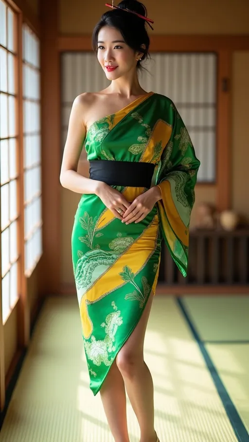 Prompt: Tall beautiful Japanese woman with (piercing gray eyes), high arched light brown brows, petite nose, prominent dimples, upturned wide mouth, (warm smile), (silver and jade jewelry), vibrantly colorful knee-length green & yellow screen-printed asymmetrical silk dress (off one shoulder cut) with black sash, long shapely legs, (soft buxom curvaceous figure), j(et black hair in and updo with red chopsticks in the topknot), dark eyeliner, dark red lipstick, (standing barefoot) on a tatami mat in a shoji screened room with traditional shrine along the wall, well lit space, colorful, filtered sunlight from the left, 8k, pro photography, elegantly posed, high detail & quality.