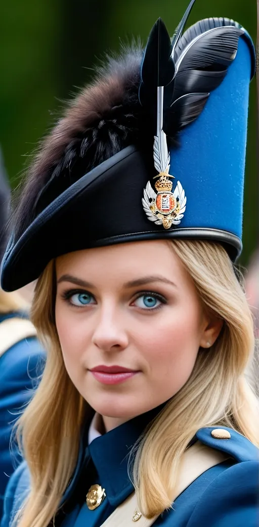 Prompt: Beautiful Female Buckingham Palace King's Guard in blue tartan uniform, kilt, fur hat, leather boots, perfect square face, long blonde hair, vibrant blue eyes, daylight, high-res, professional photo, royal, detailed facial features, traditional, prestigious, majestic, vibrant colors, historic landmark, ornate details, regal pose, precise details, ceremonial, British, honor guard, vibrant lighting, detailed facial features