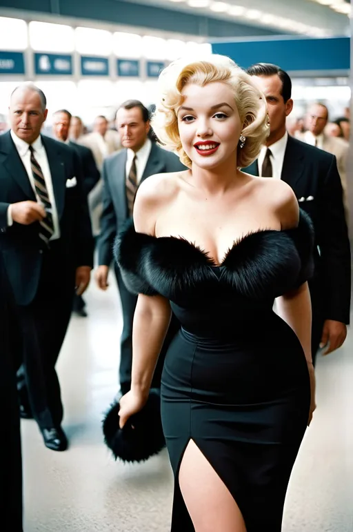 Prompt: Realistic modern color photo of Marilyn Monroe in a crowded airport terminal, flawless face, high-res, sharp focus, crowded airport terminal, curvaceous, bosomy, curvy bottom, natural skin detail, black & white body con dress with black fur trim, natural light, pro photo, dynamic fluid movement, realistic, high quality, flawless skin, crowded setting, graceful movement, classic beauty, warm vibrant colors