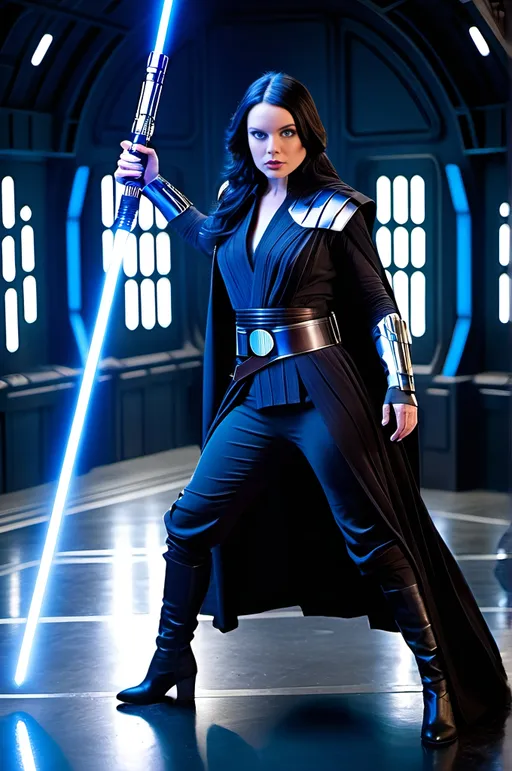 Prompt: Beautiful actress with vivid blue eyes, long raven black hair, wearing Jedi-Knight costume, holding glowing blue lightsaber, detailed Star Wars hangar bay set, intricate detail, dynamic pose, cinematic lighting, high-res photography, Jedi-Knight, vivid blue eyes, long raven black hair, detailed Star Wars hangar bay, dynamic pose, glowing blue lightsaber, cinematic lighting, high-res photography, intricate detail, actress, beautiful, vibrant