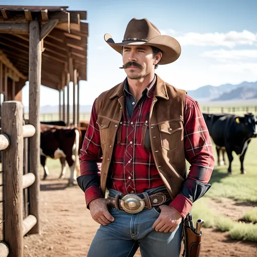 Prompt: Ruggedly handsome cowboy, dark hair, mustache, steely gaze, wearing a red plaid shirt with the sleeves rolled up, a suede vest, faded jeans, cowboy boots with spurs, dark brown cowboy hat, gun belt with holstered revolver, big silver belt buckle, standing next to a wooden corral fence with cows inside, dusty ranch setting, daylight, high-res, professional photo, American southwest setting