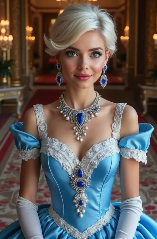 Prompt: (Elegantly beautiful) Cinderella with chic (pixie cut silver-blonde hair), (sparkling blue eyes), (gorgeous diamond-shaped face), (dark eyebrows), natural fair skin, rouged cheeks, full mouth with ruby lipgloss, elegantly posed in an (opulent foyer), wearing a (jewel-neck blue silk gown with white lace trim), adorned with extensive layers of jewelry in intricate sapphire & diamond settings. Capturing the luxe regal opulence of the royal palace, (vibrant lighting), (ultra-detailed), (high-quality), (8K resolution), (photorealistic), embodying a grand and enchanting atmosphere.