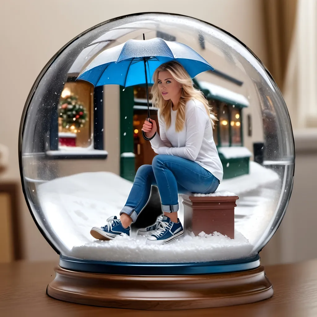 Prompt: lifelike snow globe sitting on a dark wooden shelf in a living room