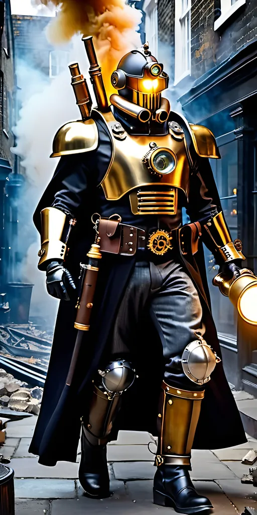 Prompt: Steampunk robot soldier, brass, glass, tubes, wires, clockwork gears, lights, pipes, leather, carrying a Rube Goldberg rifle with six barrels, flowing black cape, black leather boots, walking through a London alley filled with rubble wreckage smoke and fires, retro sci-fi, military, battle, cinematic, 8K, intricate details, highly detailed backdrop, daylight.