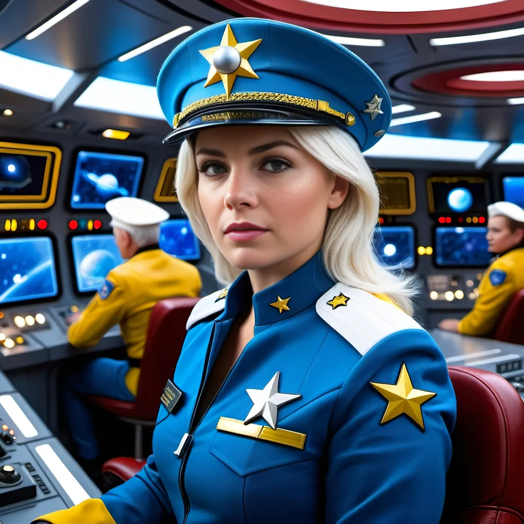 Prompt: Beautiful young Star Patrol female officer in blue & yellow uniform with white beret. Silver planets rank insignia badge, pale skin & white hair, standing on the busy and crowded bridge of a patrol cruiser in orbit around a large red planet, many crew sitting at their stations, futuristic, sci-fi, military, Star Patrol service, bright lights, many electronic control panels, display screens, 8k photo, realistic, intense vibe, starship crew, female officer, command bridge