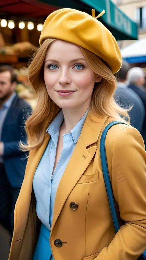 Prompt: Beautiful elegant woman shopping in a Paris street market, shoulder length strawberry blonde hair, blue eyes, yellow blazer, khaki skirt, light blue blouse, brown boots, curvaceous figure, blue beret, crowded public market, daylight, high-res, professional photo, elegant, Parisian, vibrant colors, detailed features, bustling atmosphere, subject in sharp focus