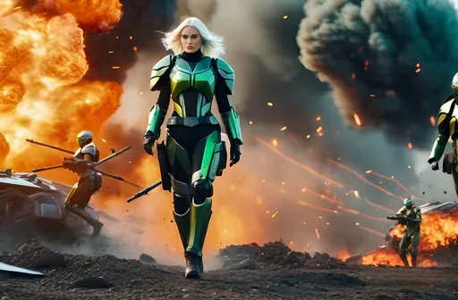 Prompt: 8K photo, cinematic, sci-fi, military, panoramic futuristic battle scene, beautiful female, In officer's uniform with cloak, flowing white hair, leads a group of robot infantry soldiers carrying futuristic weapons, orange green & black uniforms, (shattered wreckage and debris, explosion fire smoke and flames), high detail.