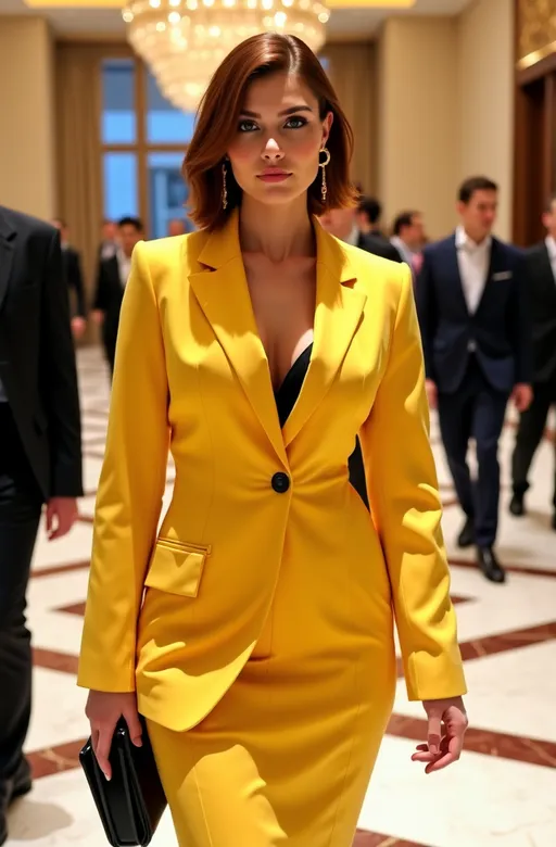 Prompt: Fashion photo, Strikingly beautiful curvy young woman, (piercing blue eyes), (chic chestnut shag cut short hair), flawless diamond face, (modest gold jewels), (stylish lemon yellow suit-skirt combo), black camisole, (black pumps), black clutch purse, standing in a busy luxe hotel lobby, elegant ambiance, (highly detailed), (vibrant lighting), 8K resolution, photorealistic quality, sophisticated surroundings, plush furnishings, polished marble floor, modern architecture, opulent decor, (dramatic warmth).