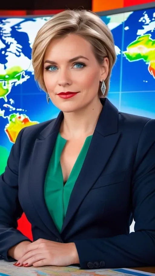 Prompt: German TV hostess presenting the weather in corporate style, colorful short hair, intricate triangle face, blue eyes, upturned nose, light makeup, silver earrings, red lipstick, navy blazer, sky-blue blouse, green pencil skirt, brown boots, standing in front of a map, 8k photo, ads-corporate, professional, detailed facial features, vibrant colors, sophisticated, highres, corporate, weather presenter, elegant outfit, confident stance, detailed hair, colorful, precise weather reporting, atmospheric lighting