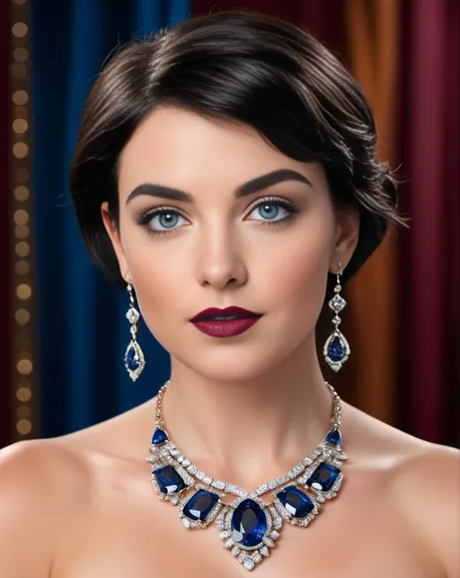 Prompt: Beautiful model, short blue-black hair, arched eyebrows, vibrant blue eyes, intricate square face, upturned nose, cupid's bow mouth, maroon lipstick, rosy complexion, diamond pendant earrings, elaborate diamond & sapphire necklace & pendant, apricot silk jewel-neck blouse, high-res, professional portrait, warm lighting, jewelry advertisement, detailed jewelry, highly detailed facial features, beige fabric backdrop