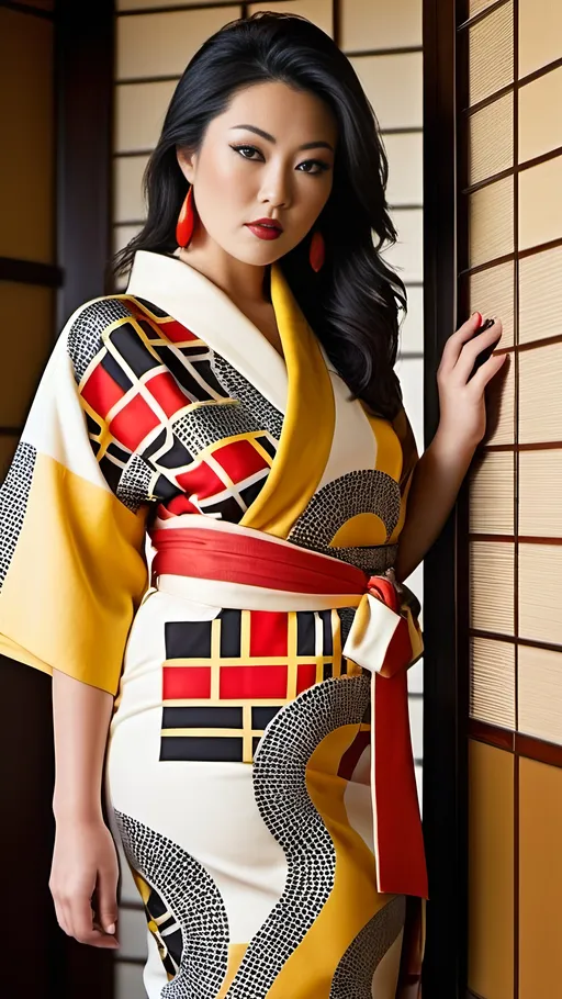 Prompt: Beautiful elegant, tall curvaceous & plump Japanese fashion model, waist-length black hair, hazel eyes, short sleeveless yellow & red & cream geometric print kimono dress, white boots, bosomy, curvy, ads-fashion editorial, high fashion, elegant, professional, glamorous, Japanese style, sleek design, detailed features, 8K photo, vibrant colors, luxury lighting