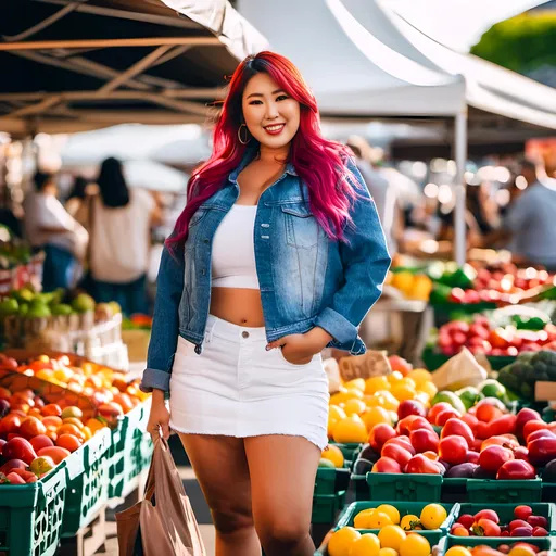Prompt: <mymodel> beautiful Japanese woman, age 35, colorful hair, white crop top denim miniskirt & sneakers, standing in a crowded farmers market, 8K photo, high detail, daylight.