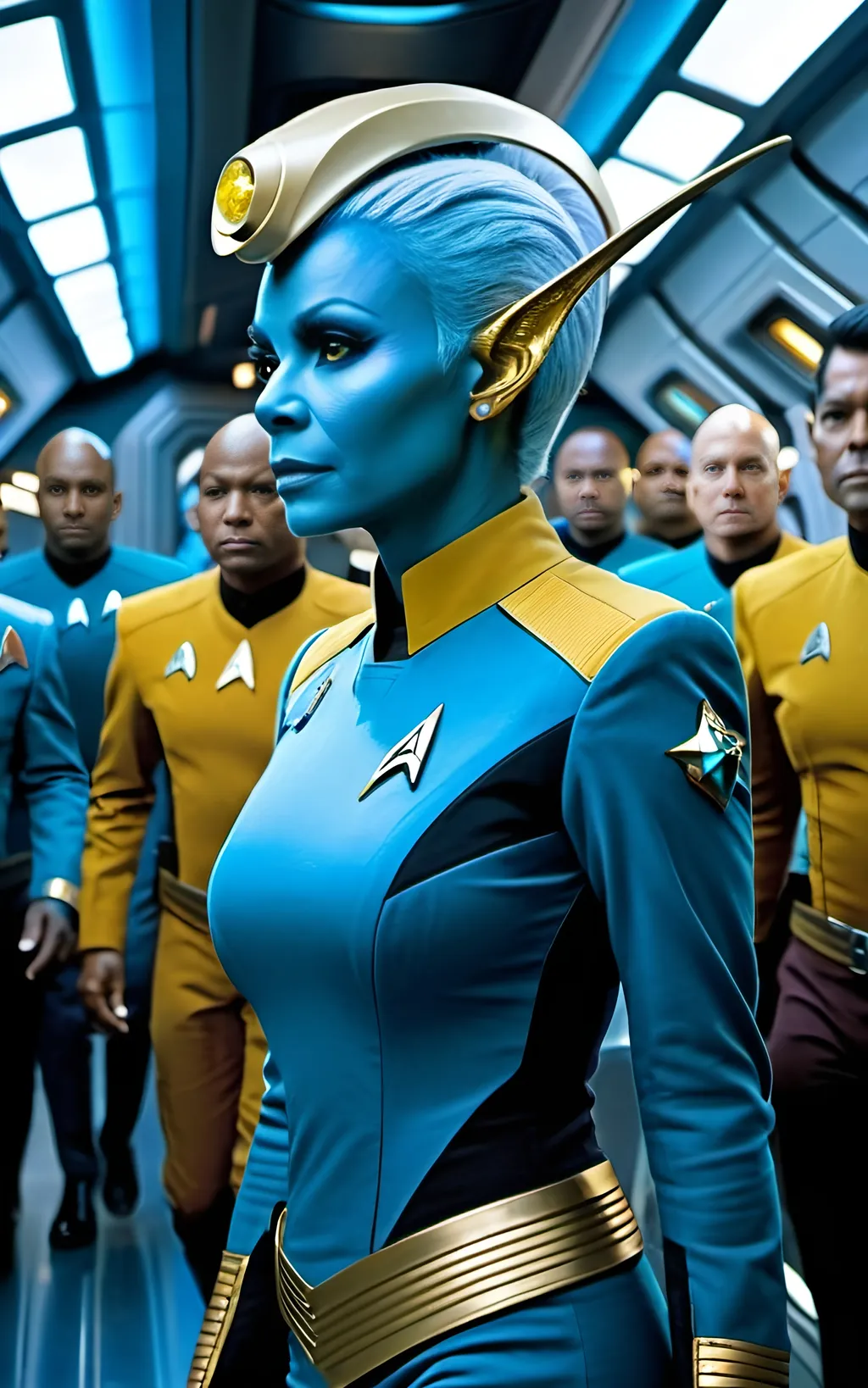 Prompt: Blue-skinned Andorian female in gold Star Fleet uniform, walking in a crowded starship corridor, two detailed antenna on top of skull, intricate face, detailed yellow eyes, beautiful diamond-shaped face, 8k photo, high detail, Star Trek The Original Series style, futuristic sci-fi, crowded setting, detailed facial features, professional lighting