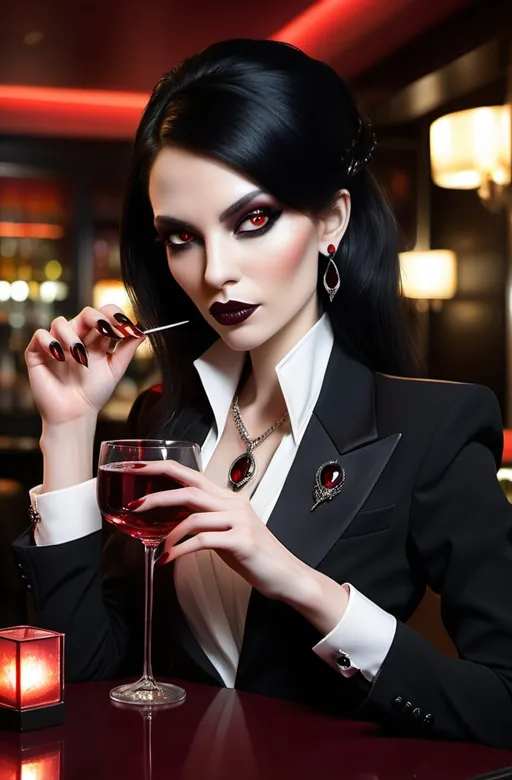 Prompt: A (strikingly beautiful *vampire* woman), jet black hair, (vibrant red eyes), sitting at a luxe lounge bar, (chalk white skin), (exotic features), (long black talon-like finger nails), wearing a (maroon high-necked blouse) and (black blazer), adorned with a jeweled scorpion lapel pin, elegantly holding a glass of (dark red wine), featuring a tuxedo clad bartender in the background, capturing an air of danger & tension, (high detail), (soft light), (photorealistic), 8k resolution, sophisticated gothic atmosphere, pro cinematic photo quality, luxurious setting.