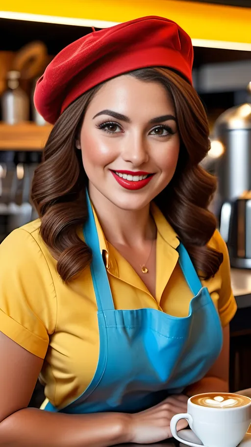 Prompt: Beautiful olive-skin woman, auburn hair, gray eyes, intricate square-shaped face, upturned nose, dark eyebrows, bright red lipstick, smiling, blue blouse, yellow apron & beret, buxom figure, barista in a coffee shop, 8k photo, realistic, detailed, professional, natural lighting, modern, vibrant colors, bustling coffee shop atmosphere, high quality, 8k, ultra-detailed, realistic, modern, vibrant, detailed facial features, professional, natural lighting