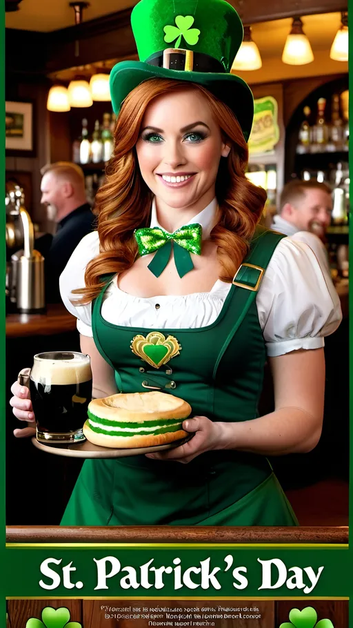Prompt: 8K full page magazine ((advertisement with "St Patrick's Day" text printed over photo,)) Beautiful Auburn Hair waitress in Leprechaun  costume, buxom figure, green-eyed, smiling, intricate oval face, working in an Irish Pub, wood iron & brass decorations, carrying a tray with drinks, 8k photo, detailed, realistic, warm tones, professional, advertisement with "St Patrick's Day" text, shamrock decorations, st patricks day theme