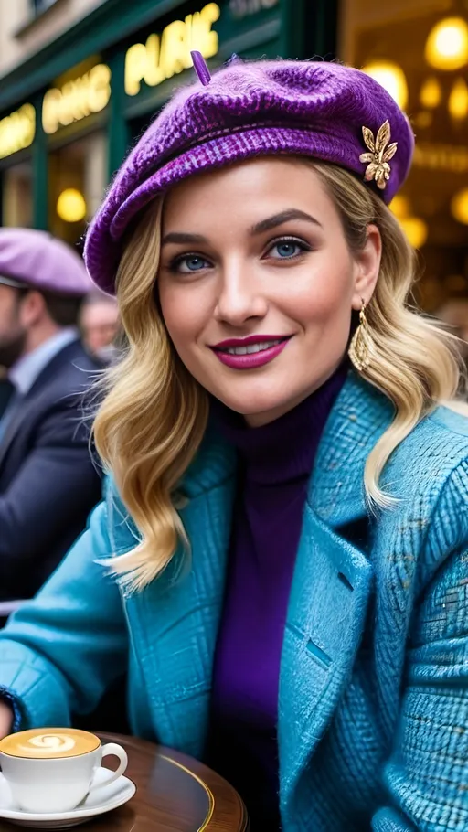 Prompt: Beautiful curvaceous blonde French woman, intricate diamond face, ice-blue eyes, upturned nose, gold earrings, light makeup, almond eyes, dark eyebrows, prominent cheekbones, yellow tweed jacket, blue sweater, herringbone tweed blue & purple mini-skirt, purple beret, pleasantly plump, smiling, sitting in a crowded Paris Bistro, 8K photo, realistic, detailed fabric texture, classy, detailed face, chic fashion, Parisian vibe, bustling urban setting, elegant lighting, modern, high quality