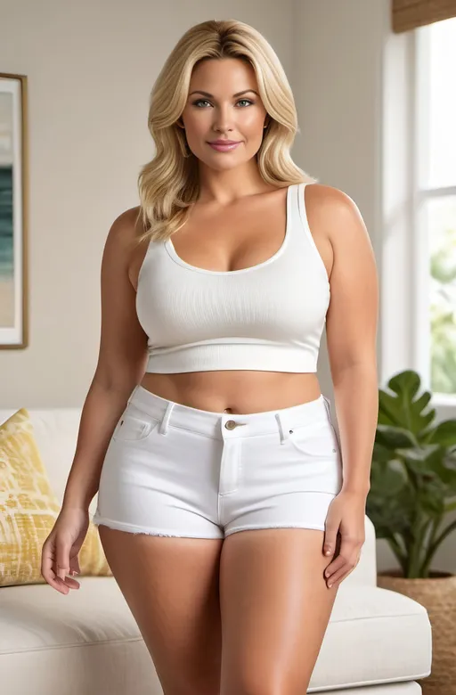 Prompt: photorealistic, (plump curvaceous blonde woman) age 40, in a white crop top and shorts, emphasizing her (full figure), (enticing pose), (natural skin details including blemishes & stretch marks), (natural folds & bulges of fat), (round face), modern living room environment, (natural & realistic details), (high-resolution) imagery, (bright lighting) for a vibrant ambiance, realistic fabric textures, natural skin tone, (professional photography) that captures (the style of Patrick Nagel) with clean lines and a bold aesthetic, (analog photo using Kodachrome ISO 150 film).