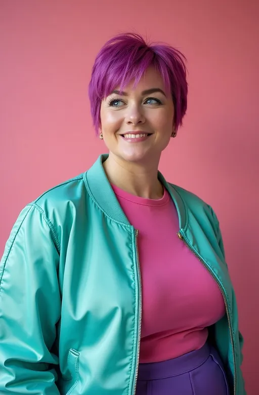 Prompt: (Patrick Nagel style photo) 80s magenta-purple haired woman, sparkling blue eyes, short pixie hair, round face, wearing a teal bomber jacket, fuchsia tee, purple miniskirt, plump curvy figure, (pastel backdrop), bright light, cheerful ambiance, ultra-realistic, high detail & quality, (professional photography), vibrant colors, 8K resolution, dynamic composition, nostalgic vibe, playful and lively atmosphere.