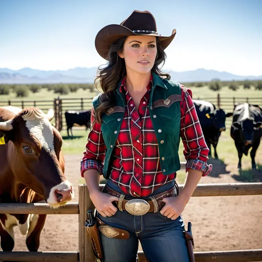 Prompt: Beautiful cowgirl, dark hair, green eyes, steady gaze, intricate face, wearing a red plaid shirt with the sleeves rolled up, a suede vest, faded jeans, cowboy boots with spurs, dark brown cowboy hat, gun belt with holstered revolver, big silver belt buckle, standing next to a wooden corral fence with cows inside, dusty ranch setting, daylight, high-res, professional photo, American southwest setting