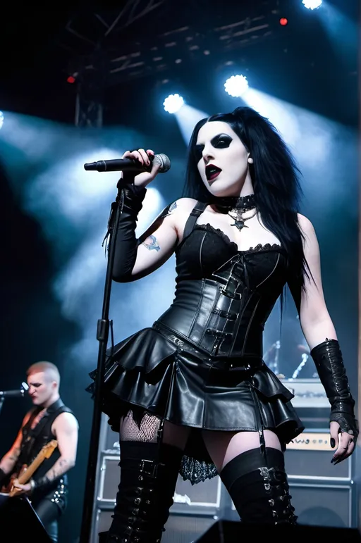 Prompt: Four goth rockers performing on stage, beautiful vampire lead singer with pale white skin, black hair, and heavy goth makeup, wearing a black lace bustier, leather miniskirt, and boots, intense atmosphere, stage lighting, patrons dancing, high-res photo, live music, concert, gothic, dark tones, intense performance, detailed makeup, professional lighting