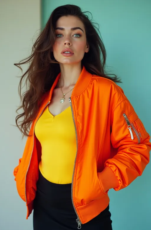 Prompt: (8k), (pro photo), Patrick Nagel style, 80s brunette woman, pale skin, sparkling blue eyes, long wavy hair, angular face, stylish orange bomber jacket, trendy yellow tee, playful black miniskirt, curvy figure, soft pastel backdrop, bright and vibrant lighting, ultra-detailed, high-quality image, capturing the essence of retro fashion and bold aesthetics.