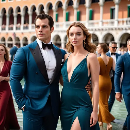 Prompt: Cinematic 8k photo of Henry Cavill and Jodie Comer, modern casual fashion, crowded scene, Piazza San Marco Venice, James Bond style, Hollywood glamour, highres, ultra-detailed, formal attire, crowded setting, iconic location, cinematic, Hollywood, detailed features, elegant poses, classy, atmospheric lighting