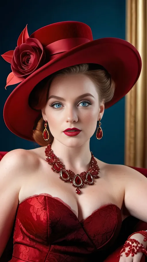 Prompt: Beautiful woman with blue eyes, auburn hair, detailed oval face, elegant red formal dress with velvet and lace, intricate red jewelry, fair skin, upturned nose, full bosomy figure, red milliner's hat, red high heels, sitting for a portrait, 8k, ads-fashion editorial, detailed, elegant, velvety textures, intricate jewelry, high quality, professional lighting, buxom curvaceous physique