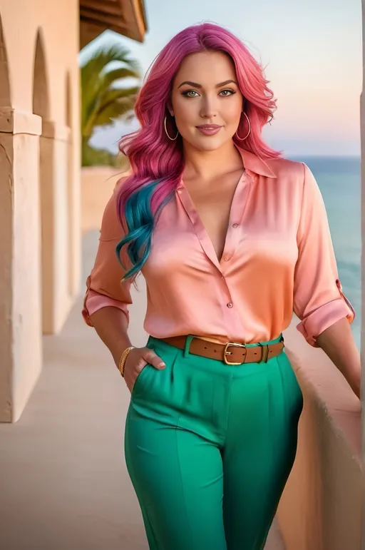 Prompt: (Stunningly beautiful curvaceous) olive-skin woman, (bright green eyes), (long silky [pink_magenta_blue] hair, (round face), (unbuttoned peach blouse), (tan linen slacks), leather sandals, standing next to a stucco wall, beach and ocean background, golden hour daylight, dynamic pose, (trim defined waist), (emphasis on her lush curvaceous physique), high-res, pro photo, beach scene, (flawless facial features), alluring expression, showcase her facial features, professional photography, warm and vibrant colors, natural lighting, 8k, sharp focus, high quality, peach blouse tan slacks, (luxurious fabrics).