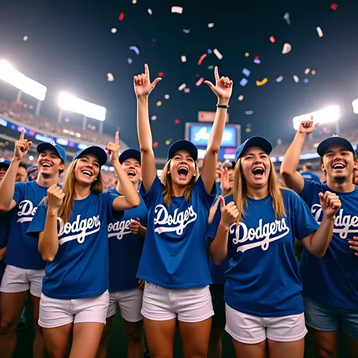 Prompt: (Photorealistic) group of enthusiastic Los Angeles Dodger fans, festive atmosphere, wearing Dodger t-shirts, shorts, and ball caps, celebrating a playoff victory, jazzed expressions, bright night sky above Dodger Stadium, confetti falling, colorful stadium lights illuminating the scene, energetic camaraderie, warm and happy mood, (ultra-detailed) captured in 8k, (pro photo) quality, showcasing vibrant emotions in a thrilling moment.