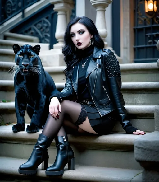 Prompt: Beautiful woman with black hair and pale skin sitting on an exterior stone staircase with her pet black leopard, wearing all black ensemble (knit sweater, hosiery, leather jacket, miniskirt, gogo boots), intricate facial features, high detail, 8K photo, realistic, gothic style, dramatic lighting, detailed textures, intense gaze, city night setting, mysterious atmosphere