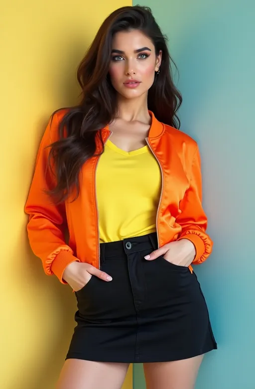 Prompt: (Patrick Nagel style) 80s brunette woman, (pale skin), (sparkling blue eyes), (long wavy hair), (angular face), (orange bomber jacket), (yellow tee), (black miniskirt), (curvy figure), pastel backdrop, (bright light), HD, ultradetailed, (8k), professional photography quality, vibrant colors, cheerful ambiance, retro aesthetic, polished finish, graphic design influences.