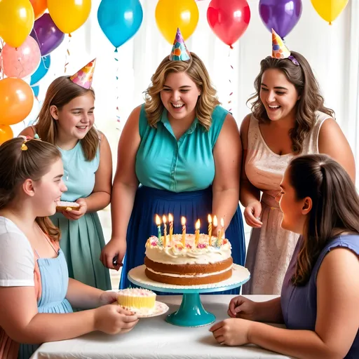 Prompt: Overweight teenage girls and obese mother serving cake at a birthday party, family atmosphere, bosomy, full-figured, bottom-heavy, casual sleeveless blouse skirt and sandals, 8k photo, warm and inviting, family gathering, detailed expressions, casual and comfortable, vibrant colors, natural lighting