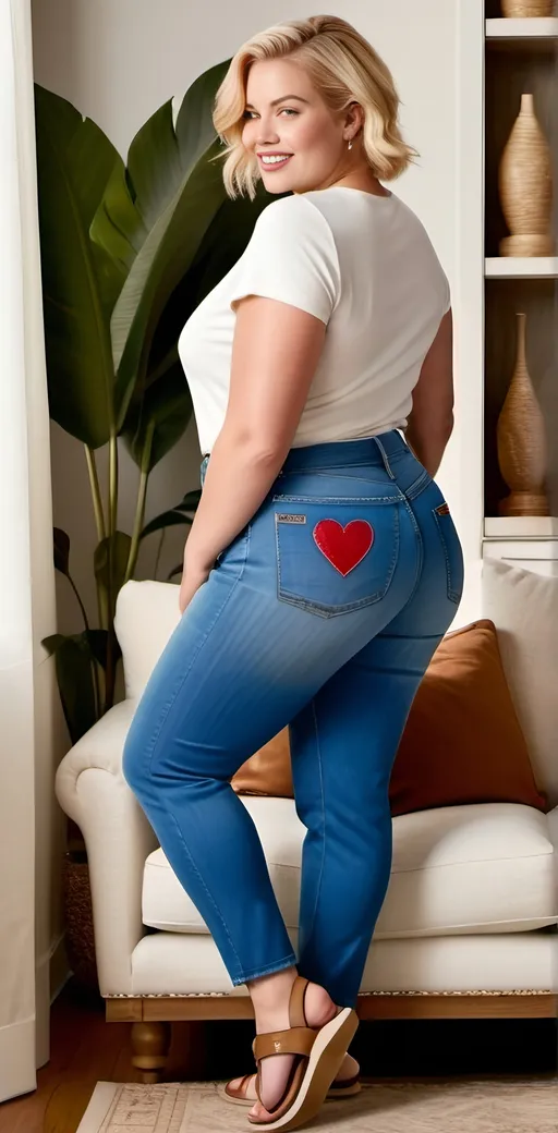 Prompt: ((Profile view)) of a tall curvaceous plus-size model, intricate facial features, short blonde hair, blue eyes, inviting smile, snug blue cropped tee, tight white denim jeans, brown sandals, showcasing curves, ((heart shaped stitching on jeans rear pockets)), cozy living room setting, 8k photo, high fashion, detailed features, cozy setting, ((side profile view)), fashion advertising style, "Queen of Hearts" jeans advertisement