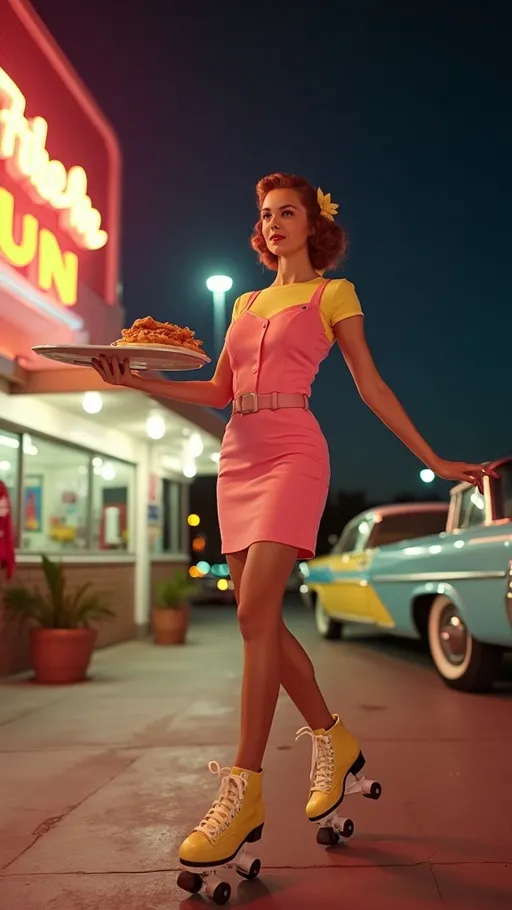 Prompt: (Beautiful 1960s car-hop waitress on roller skates), mid-century style googie architecture, bringing a tray of food to a customer, (vibrant pink and yellow uniform), (plump curvy figure), long shapely legs, lively atmosphere, retro decor, Los Angeles drive-in, joyful expressions, nighttime scene, bright neon lights, soft fluorescent lighting, ultra-detailed, 8k resolution, photorealistic, dynamic composition, high quality, nostalgic charm, classic 1960s cars in background.