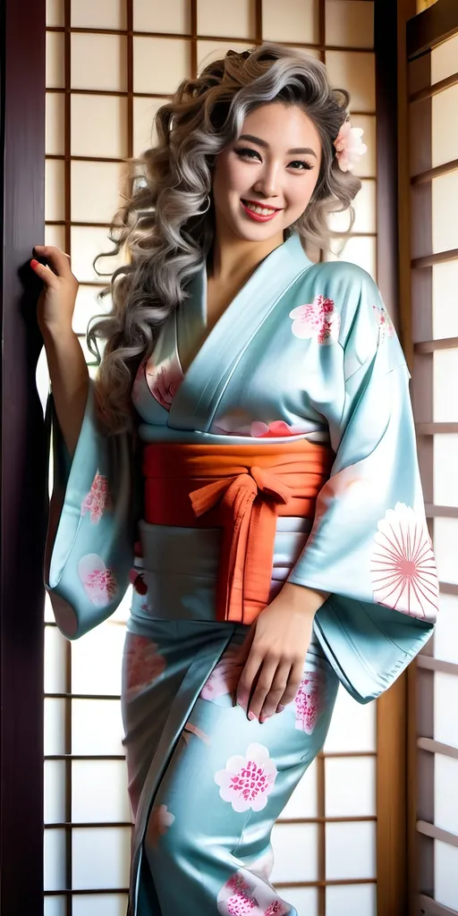 Prompt: Beautiful Japanese woman, ((playfully winking one eye)), long curly colorful hair, gray eyes, intricate face, curvaceous physique, hourglass figure, short silk kimono, long shapely legs, barefoot, leaning against a door frame, shoji screen wall, tatami mat floor, 8k photo, pinup style, detailed, glamorous, high-quality, luxury, comely gaze, elegant, subdued lighting