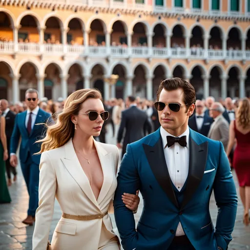 Prompt: Cinematic 8k photo of Henry Cavill and Jodie Comer wearing modern casual fashion, Piazza San Marco Venice, James Bond style, Hollywood glamour, highres, ultra-detailed, formal attire, crowded setting, iconic location, cinematic, Hollywood, detailed features, elegant poses, classy, atmospheric lighting