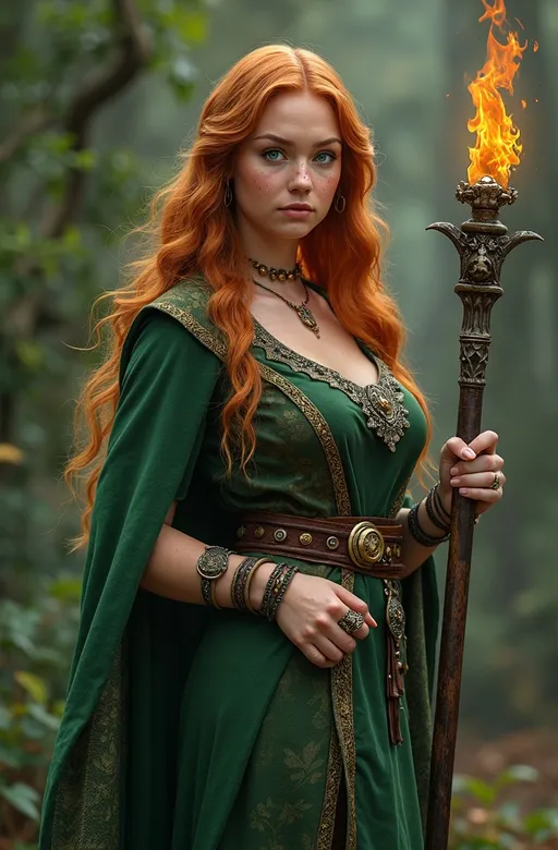 Prompt: (photorealistic) Beautiful Celtic Druid warrior princess, cinnamon hair, (green eyes) stunning face adorned with freckles, (intense gaze), wearing green robes layered with a leather vest, (brocade belt), adorned with a (gold amulet) and magical bracelets, (jeweled dagger on her belt), curvy figure, natural pale skin tone, wielding a knurled staff featuring a flaming runic headpiece, surrounded by a mystical forest backdrop, (high detail), (ultra HD), (8K) resolution, capturing the enchanting aura and strength of the character.